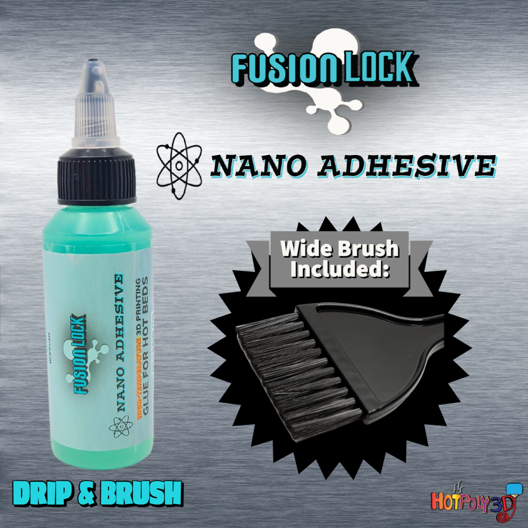 FusionLock Nano Adhesive 60mL (Drip & Brush)  - High Temperature 3D Printing Glue for Hot Beds  - Fast Application - Wide Application Brush